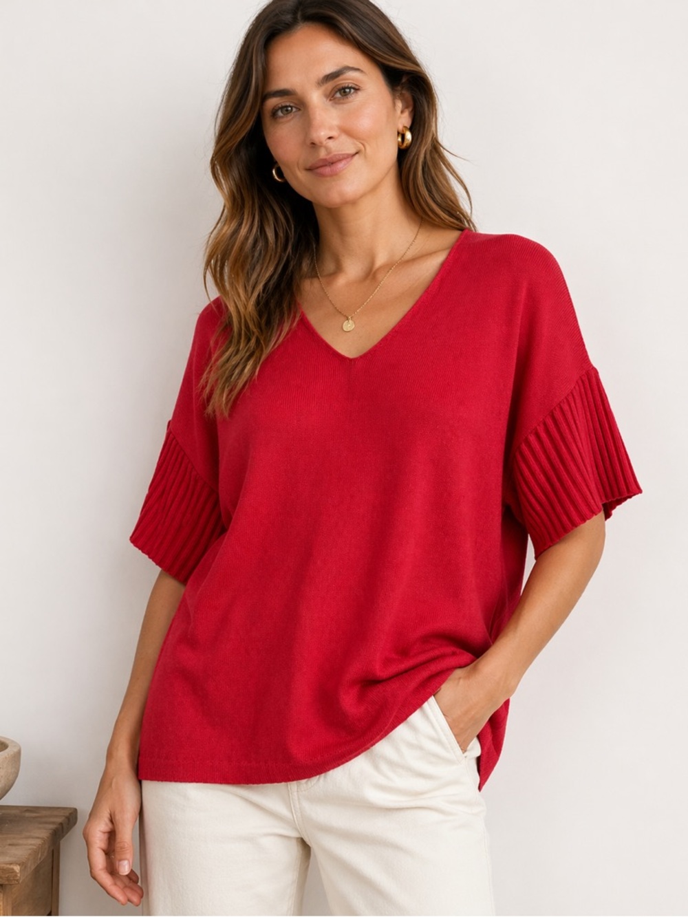 Red V-Neck Knit Top with Ribbed Short Sleeves